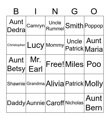 Family Bingo Card