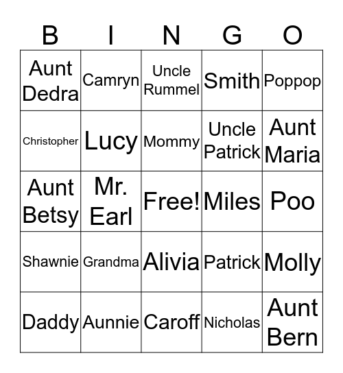 Family Bingo Card