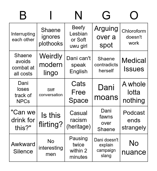 Shaene Bingo Card