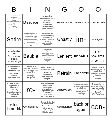 Vocabulary #15 Bingo Card