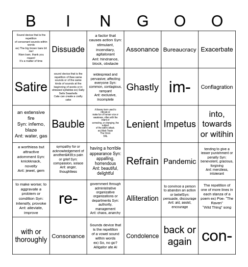 Vocabulary #15 Bingo Card