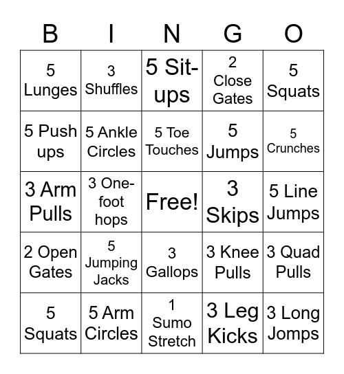Fitness Bingo Card
