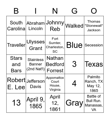 War Between the States Bingo Card