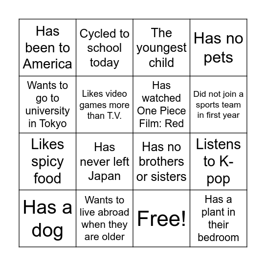 Welcome Back Bingo Card