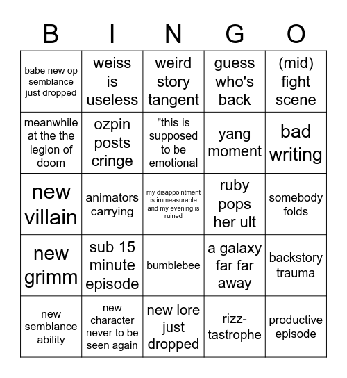 rwby bingo Card