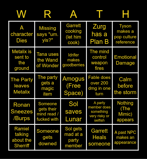 Fable of the Wrath King DnD Bingo Card