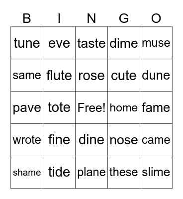 Long Vowel (Silent e) Bingo Card