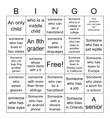 Ice breaker Bingo Card