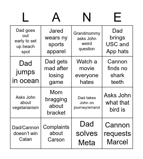 Lame Beach Bingo Card