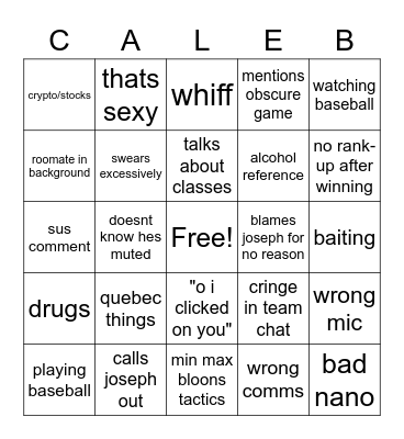 CALEB K CARD Bingo Card