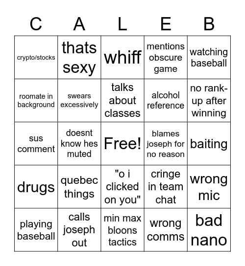 CALEB K CARD Bingo Card