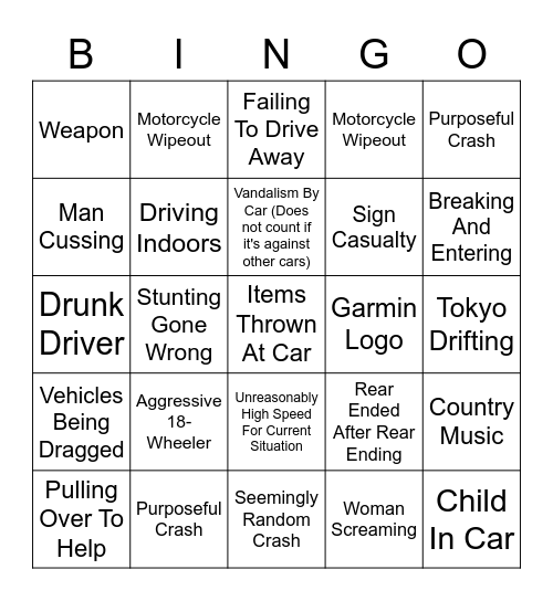 Idiots In Cars Bingo Card