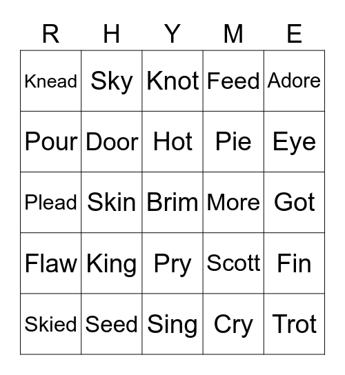 Highlight the rhyming words below! Bingo Card