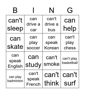 Can & Can't Bingo Card