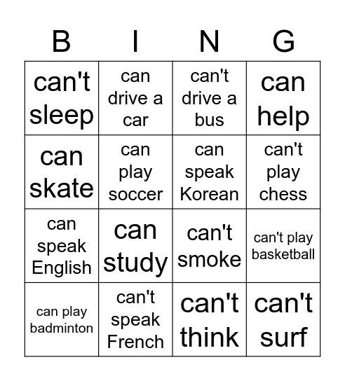 Can & Can't Bingo Card