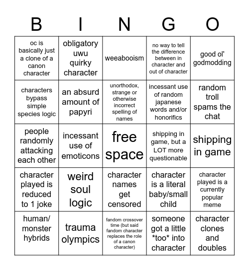 roblox undertale roleplay bingo Card