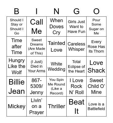 80s Music Bingo Card