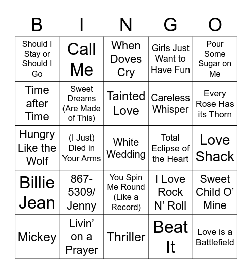 80s Music Bingo Card