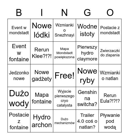 Genshin 4.0 Bingo Card