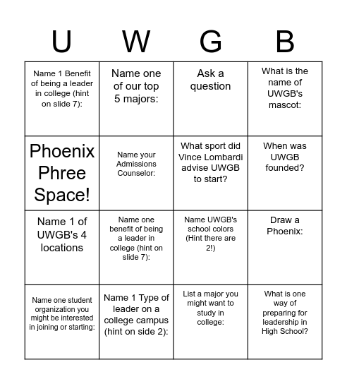 GB Lead Bingo Card