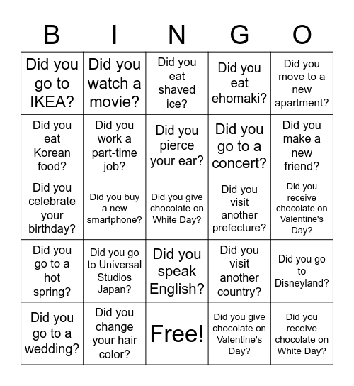 Spring Vacation Bingo Card