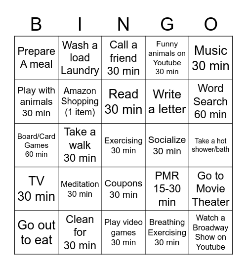 Coping Skills Bingo Card