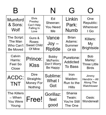 Musical Bingo Round 1 Bingo Card