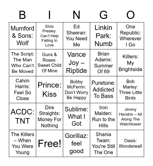 Musical Bingo Round 1 Bingo Card