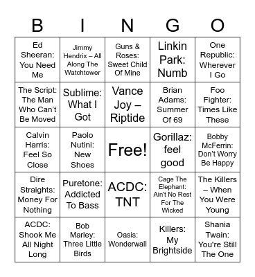Musical Bingo Round 1 Bingo Card