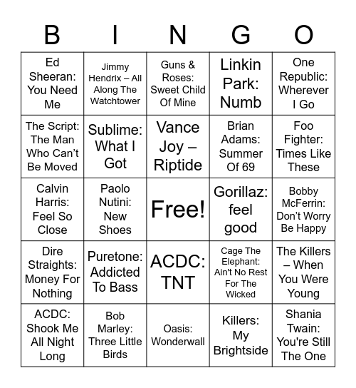 Musical Bingo Round 1 Bingo Card