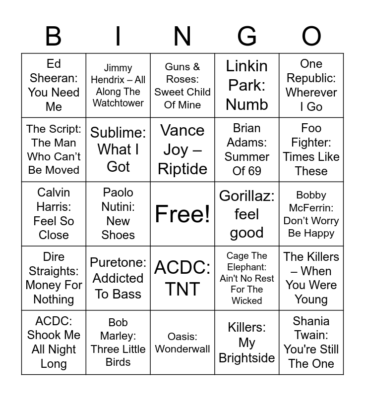 Musical Bingo Round 1 Bingo Card