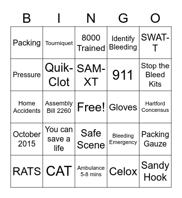 Stop the Bleed Bingo Card