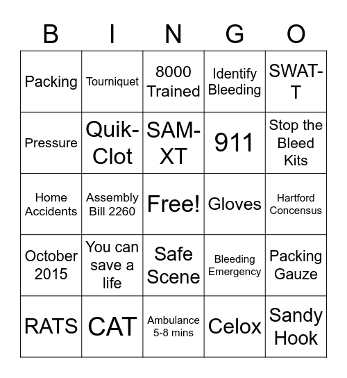 Stop the Bleed Bingo Card