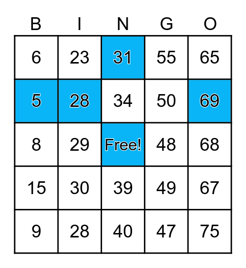 Number Bingo 1-75 Bingo Card