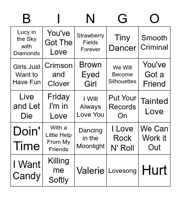 Cover Songs Bingo Card