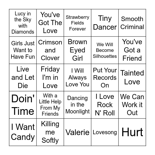 Cover Songs Bingo Card