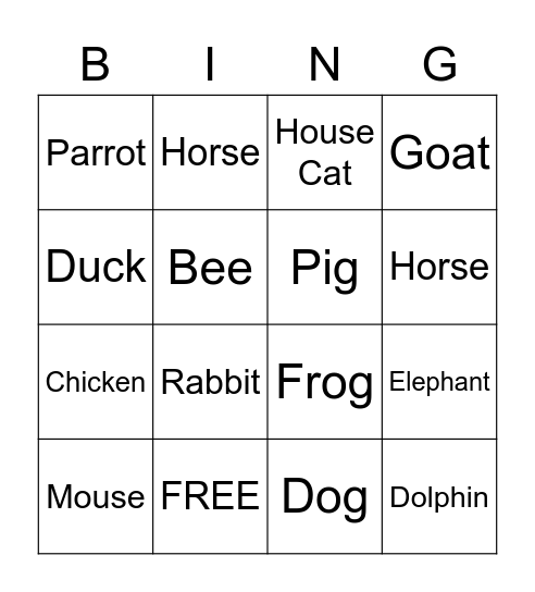 Animal Bingo Card