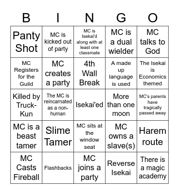 Seasonal Anime Bingo Card