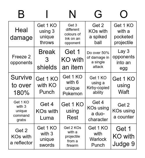 Smash Lock-out Bingo Card