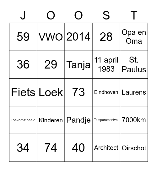 Joost 40! Bingo Card