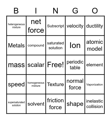 ACAP Grade 8 Science Bingo Card