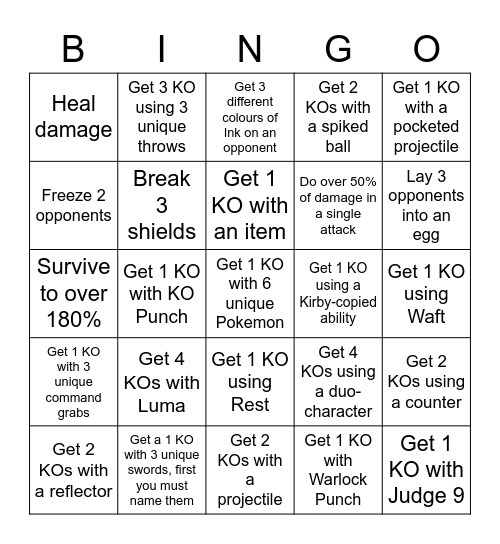 Smash Lock-out Bingo Card