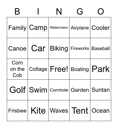 Summer Vacation Bingo Card