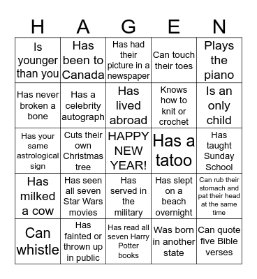 New Years Eve Bingo Card