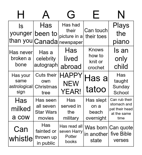 New Years Eve Bingo Card