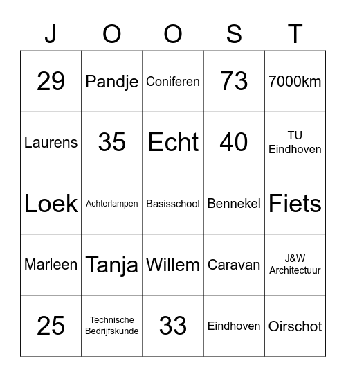 Joost 40! Bingo Card