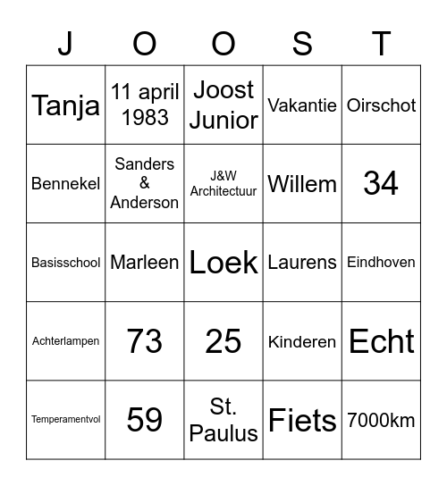 Joost 40! Bingo Card