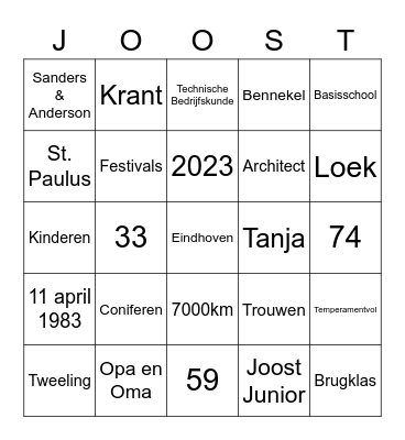 Joost 40! Bingo Card