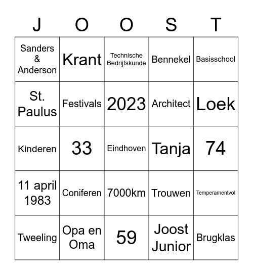 Joost 40! Bingo Card