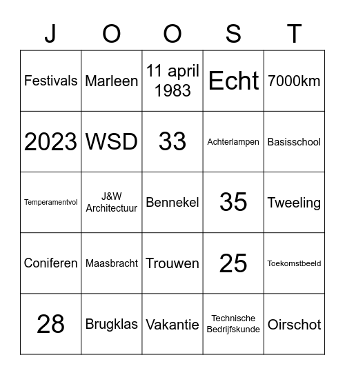 Joost 40! Bingo Card